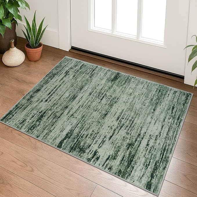 Modern Abstract Entryway Rug Indoor 2x3 Washable Rug Non-Slip Soft Small Area Rug Forest Green Kitchen Mats Thin Print Faux Wool Floor Carpet Throw Rugs for Entrance Bedroom