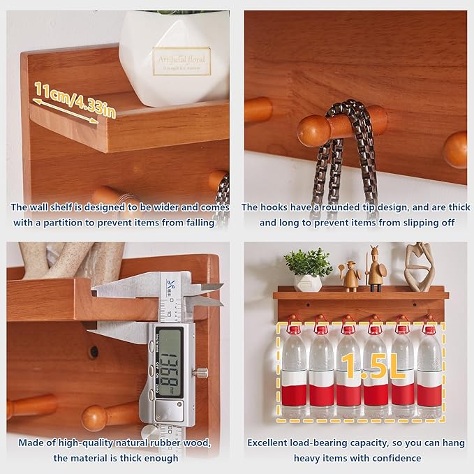 Wall Mounted Hook with Shelf, 23.62in Entryway Wall Hanging Shelf, Solid Wood Coat Hooks, for Bathroom, Kitchen, Cherry Wood Color YD-WS0260C