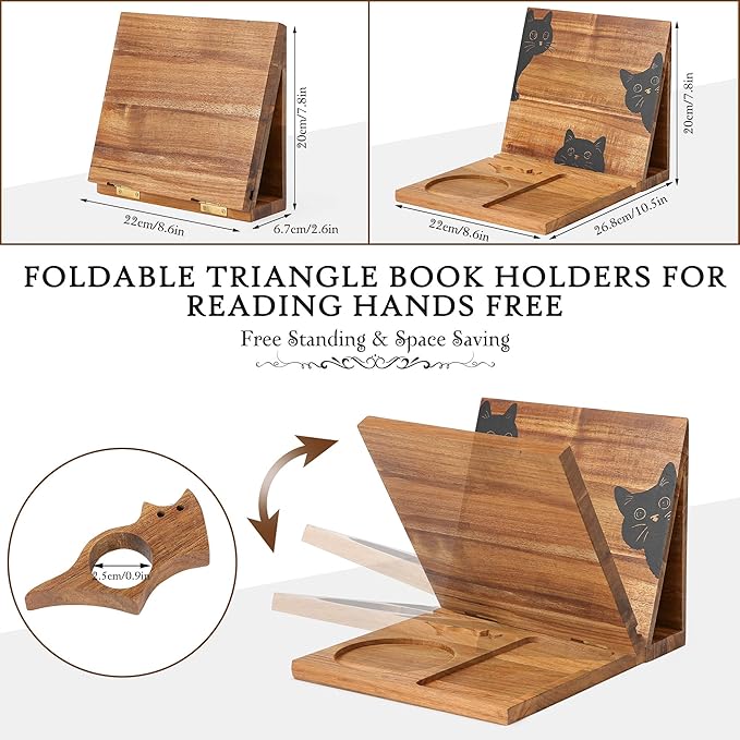 Book Holder Stand for Reading Rest, Wooden Foldable Book Rest with Book Page Holder, Cup, iPad & Phone Stand, Book Nook Reading Valet Desktop Triangle Bookstand Bookshelf for Readers Bookworms Gifts