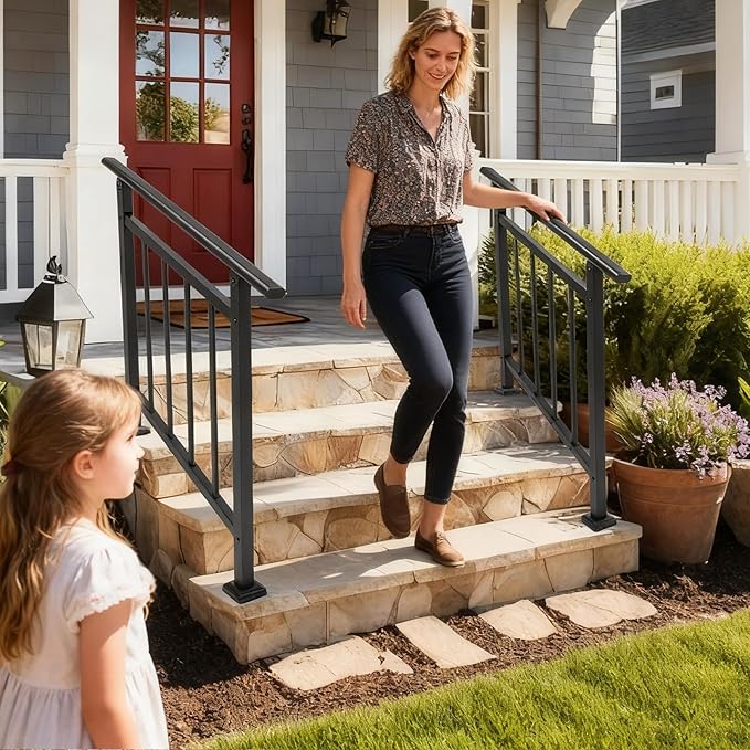 Metty Metal Handrails for Outdoor Steps Suitable for 1 to 3 Steps- Wrought Iron Stair Railing- Step Steady with 3 Feet Handrailing- Safe Indoor Home Banisters (Black)