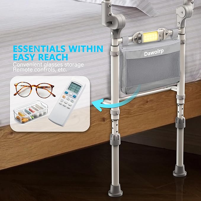 Bed Rails for Elderly Adults Safety Foldable Bed Side Assist Rail for Seniors with Motion Sensor Light & Storage Pocket, Adjustable Height Bedrails for Queen King Full Size Bed, 400 Lbs