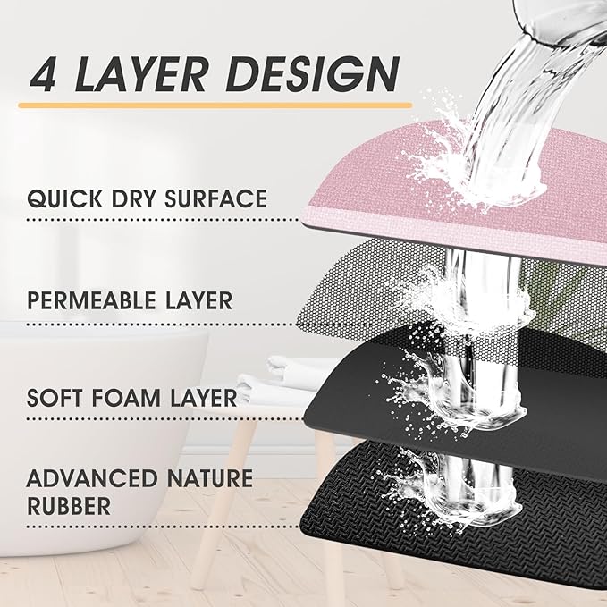 Ultra Thin Bath Mat, Upgrade Backing Non Slip Thin Bath Mats Fit Under Door, Quick Dry Ultra Absorbent Bathroom Rugs, Machine Washable Bath Rugs for Bathroom, Bathtub & Kitchen, Pink/Bordered/24"x17"