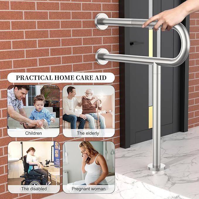 Toilet Support Rail 23.4X 28 Inch, Munzong Anti-Slip Satin Brushed Nickel Handicap Grab Bar for Bathroom, Stainless Steel Knurled Safety handrails with Leg for Elderly Disabled Pregnant-1.25’Tube