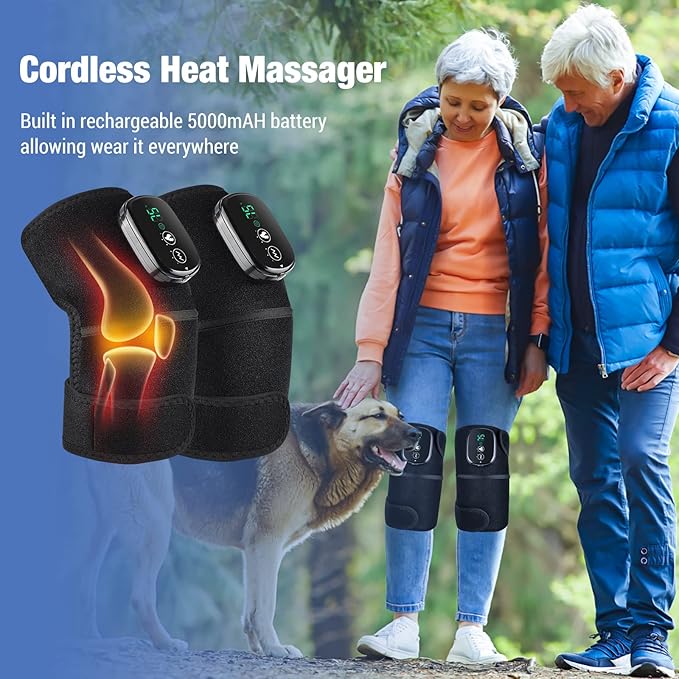 YUANBO Cordless Electric Heated Knee Massager, 3-in-1 Heated Knee Massager with Heat for Knee Elbow Shoulder Wrap with 3 Vibration & Heating Modes (2 Pack)