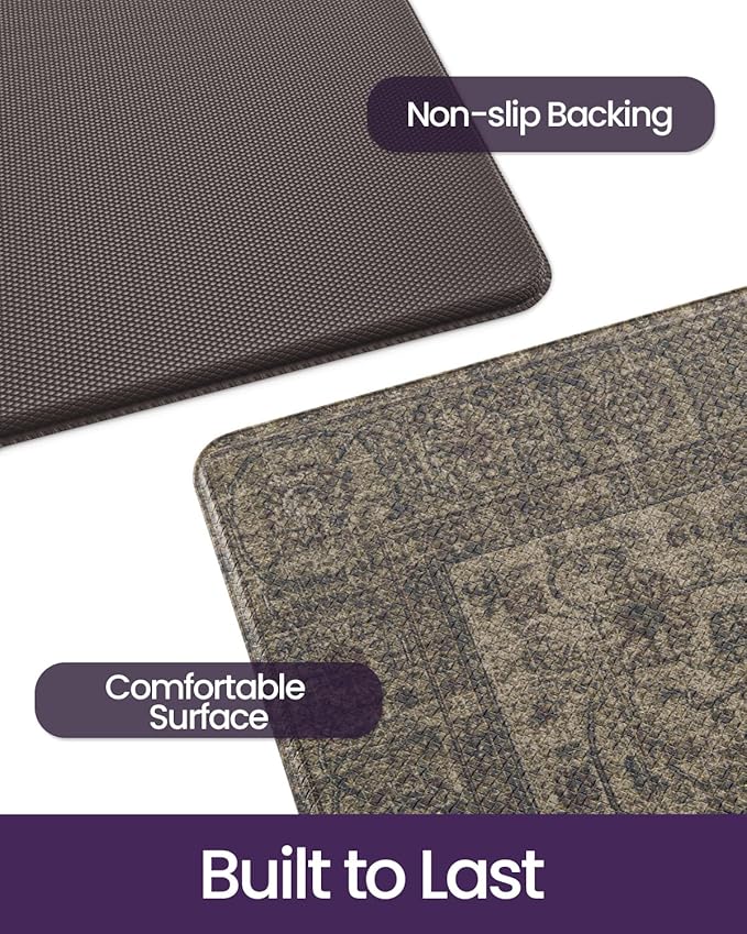 DEXI Kitchen Mats for Floor Cushioned, 23x35+23x59 Extra Large Runner Rug Non Slip, Waterproof Soft Comfort Standing Padded Anti Fatigue Decorative Set of 2, Brown