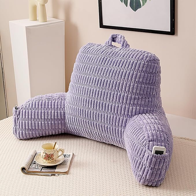 Reading Pillow for Sitting in Bed, Large Backrest Reading Pillow with Arm Rest,Back-Rest Support Cushion for Sit Up on Couch, Sofa, and Floor (Light Purple Corduroy, Standard(17"))
