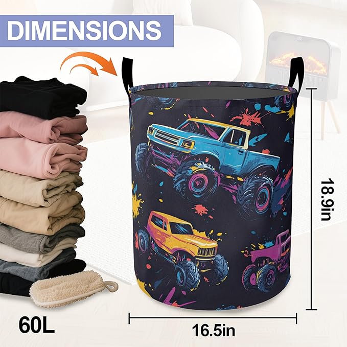 Colorful Trucks Laundry Hamper Large Canvas Fabric Lightweight Storage Basket/Dirty Clothes Collapsible Waterproof for College Dorms, Boys and Girls Bedroom,Bathroom