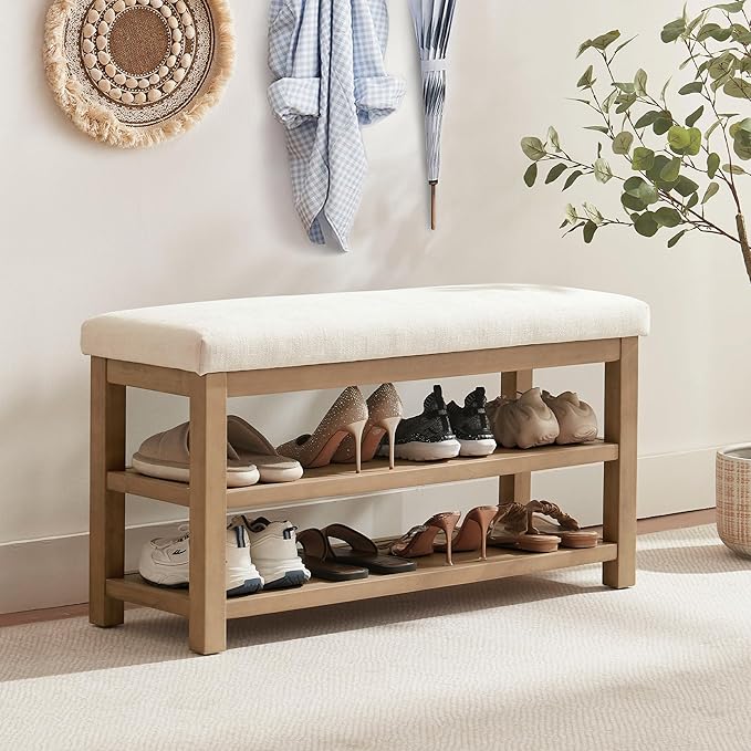 2 Tier Shoe Rack Bench with Cushion, Solid Wood Shoe Benches, Mid-Century Modern Shoe Storage Bench for Entryway, Hallway, Living Room, Closet, Front Door Entrance, (Beige, 39.4")
