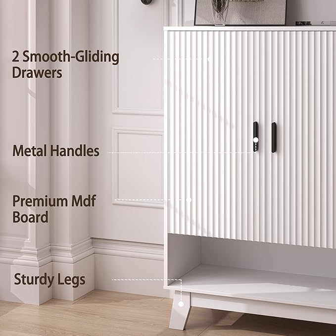 4-Tier Fluted Shoe Cabinet with 2 Doors & Open Shelf, Mid Century Modern Shoe Storage Organizer with Adjustable Shelves, Metal Handles & Wood Legs, Hidden Shoe Rack for Entryway, Hallway