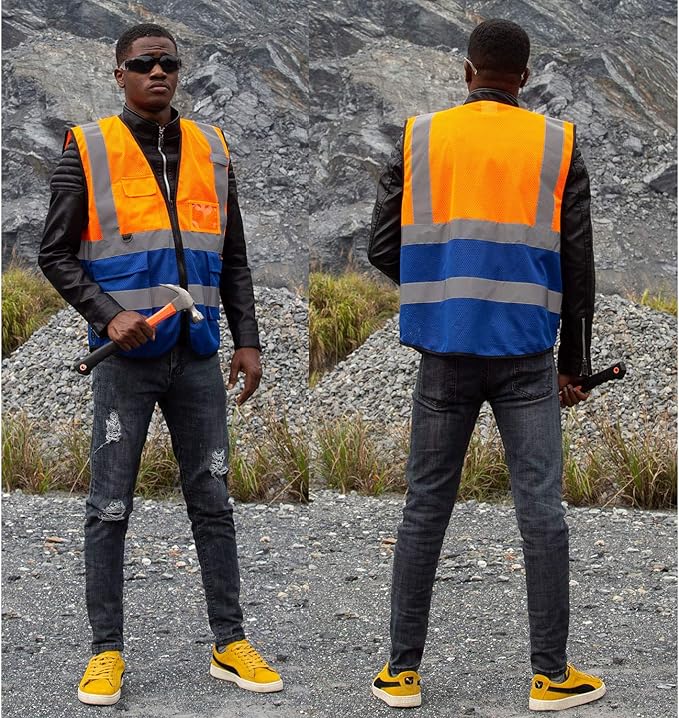 zojo High Visibility Safety Vests With Pockets, Pack of 10,Wholesale Reflective Vest for Outdoor Works, Cycling, Jogging, Walking,Sports - Fits for Men and Women(XL- Mesh-Mix Orange & Blue)