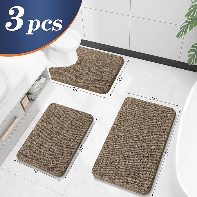 OLANLY Bathroom Rugs Sets 3 Piece, Soft Absorbent Chenille Bath Mats and U-Shaped Contour Toilet Rug, Quick Dry, Home Decor Accessories, Bath Mat Set for Bathroom (36"x24"+24"x16"+24"x20", Tan)