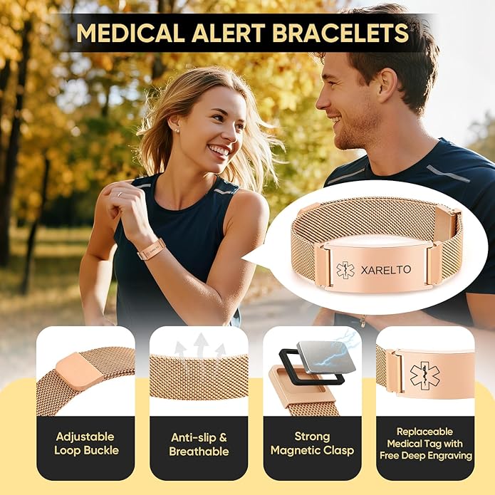 VNOX Medical Alert Id Bracelet for Men Women, Custom Engraving Adjustable Stainless Steel Customizable Mesh Emergency Survival Medic Bracelets Wristband Loop Band with Replacement Tag