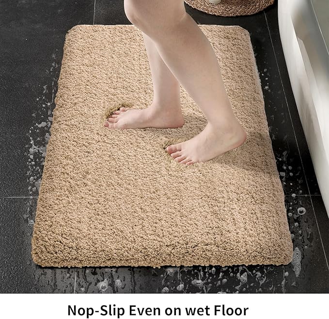 Beige Bathroom Rug 20x32 Non Slip Fluffy Bath Mat for Bathroom Floor Washable Plush Luxury Bath Rug for Tub Soft Shaggy Absorbent Shower Sink Mat