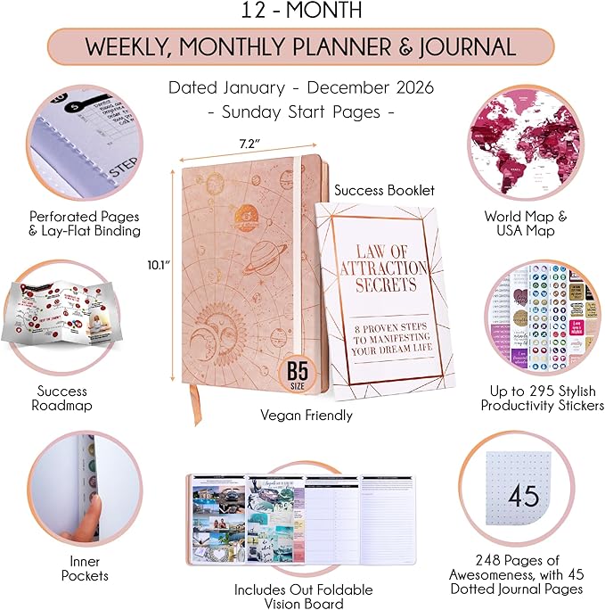 Deluxe 2026 Planner Weekly and Monthly | Law of Attraction Planner with Productivity App | 12-Month for Productivity, Gratitude & Goal Setting | Includes Foldable Vision Board, Gift Box & Stickers