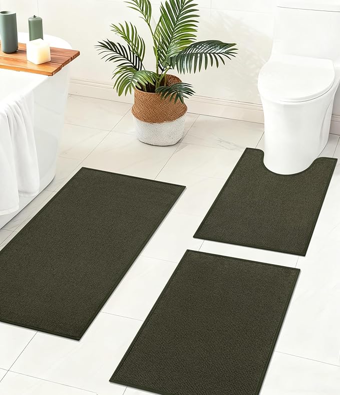 YIHOUSE Bathroom Rugs Mats Sets 3 Pieces, Ultra Thin Bath Mat Absorbent Non Slip Bath Rugs for Bathroom Washable, Shower, Sink, Laundry (Dark Green, 3 Pieces)
