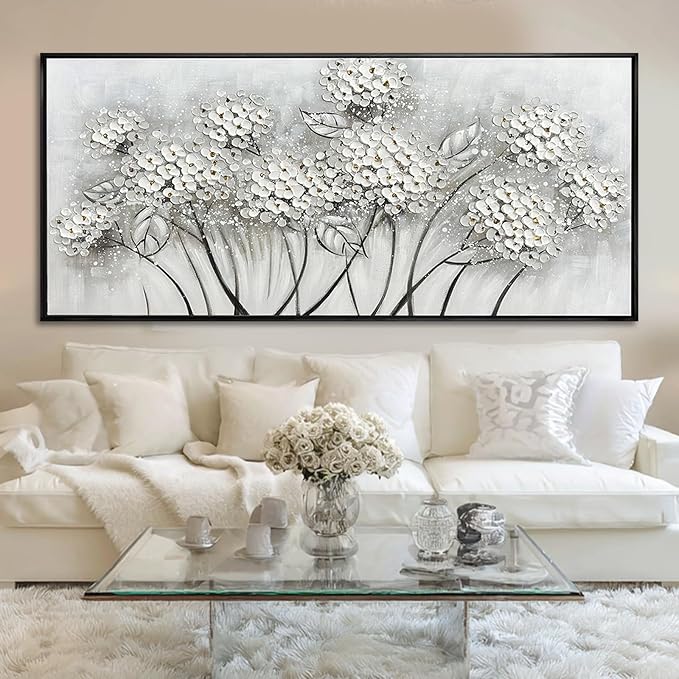 SOUGUAN Plant Hand Painted Wall Art White Wall Decor Floral Canvas Painting 32"x70" Large Artwork for Bedroom Decorative Pictures for Living Room