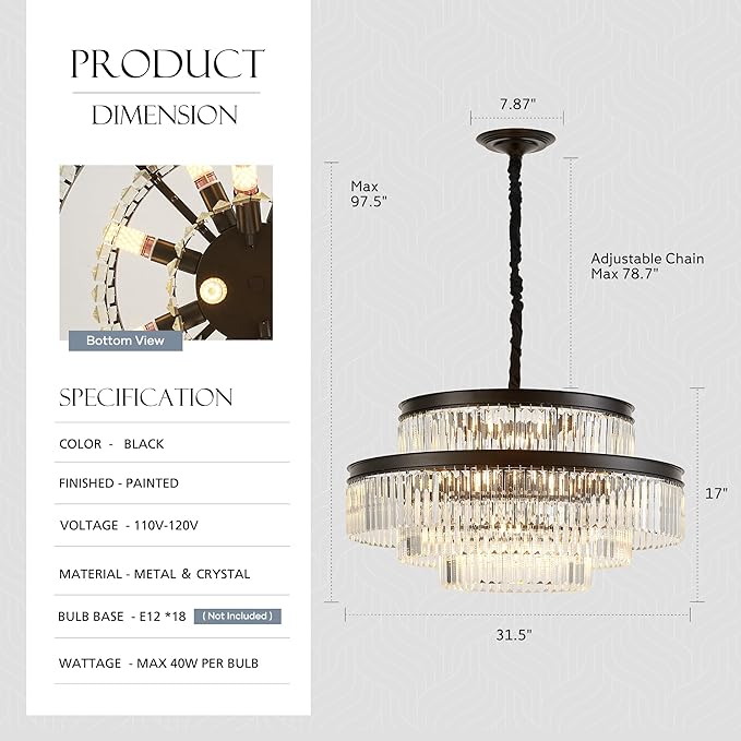 31.5" 18-Light Modern Crystal Chandelier Light Fixture Large 4-Tier Black Luxury Glam Chandeliers for Dining Room Round Hanging Pendant Lighting for Living Room Kitchen Bedroom Foyer Lobby