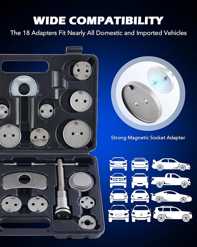 Orion Motor Tech Brake Caliper Wind Back Tool Kit, 24pc Brake Caliper Compression Tool Set with Thrust Bolt Assemblies Retaining Plates Caliper Hangers 18 Disc Adapters, Caliper Tool with Case, Black