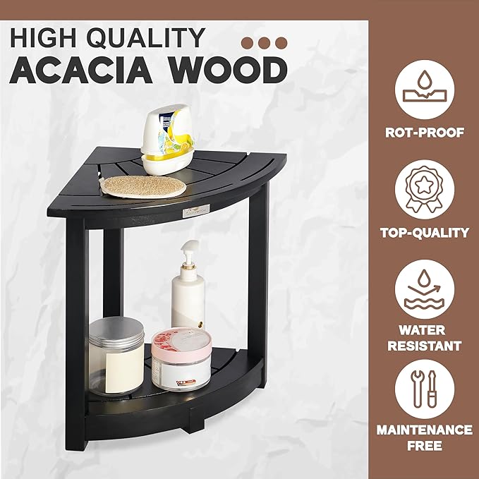 Acacia Wood Corner Shower Stool - Waterproof Triangular Bathroom Bench with Storage Shelf & Soap Dish for Shaving, Black Wood (17.9x12.7x16.5)