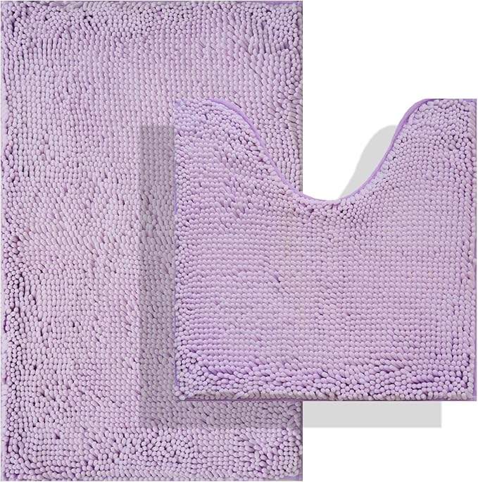 BOANKODU Bath Mat Set, 2-Piece Very Soft Chenille Bathroom Rugs, Non-Slip, Machine Washable (Lavender, 32x20 Inch U-Shaped + 20x20 Inch)