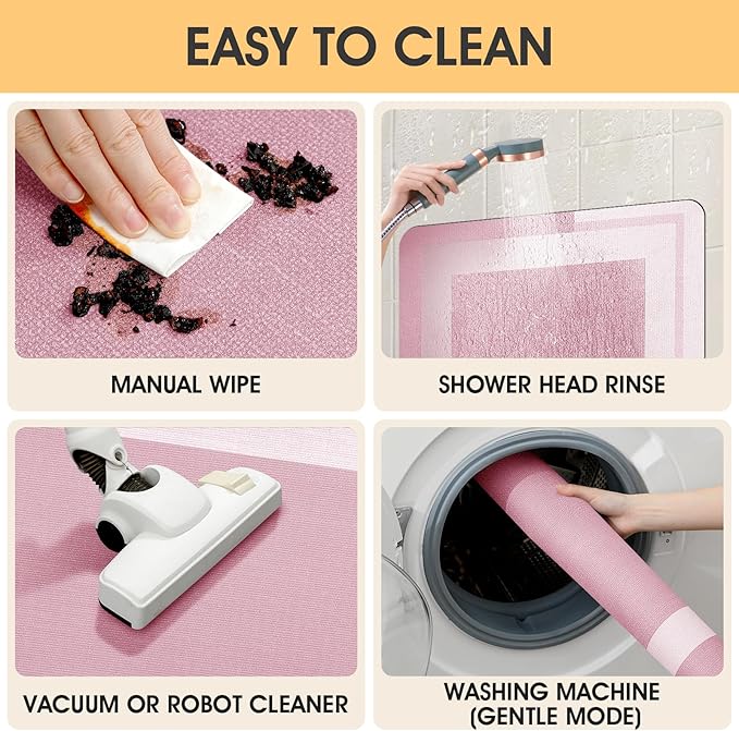 Ultra Thin Bath Mat, Upgrade Backing Non Slip Thin Bath Mats Fit Under Door, Quick Dry Ultra Absorbent Bathroom Rugs, Machine Washable Bath Rugs for Bathroom, Bathtub & Kitchen, Pink/Bordered/32"x20"
