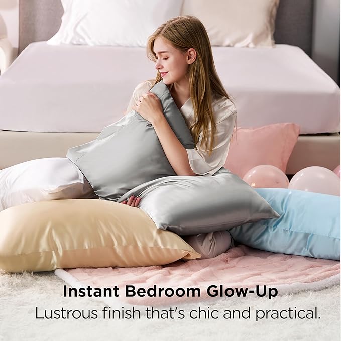 Bedsure Satin Pillowcases, Similar to Silk Pillowcase 2 Pack,Cooling Pillow Case for Sleeping Women with Envelope Closure, Gifts for Women Men, Dark Grey, Queen Size, 20x30 Inches, 2pcs