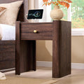 23.6" Tall Modern Nightstand with Charging Station, 22" Wide Curved Bedside Table with 1 Storage Drawer, Wooden Night Stand, Large End Table for Bedroom, Living Room, Brown
