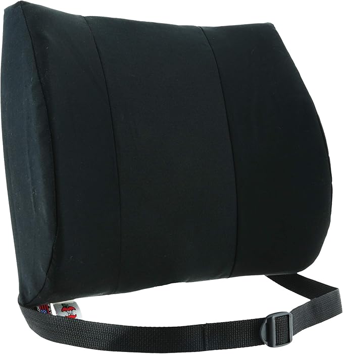 Core Products Sitback Rest Cushion Lumbar Support for Lower Back & Office Chair, Adjustable Strap Contoured Foam, Black - 13" x 14" x 5", Made in The USA