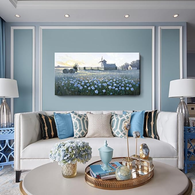 amatop Rustic Farmhouse Canvas Wall Art | Blue Rose & Windmill Sunset Landscape – Serene Countryside Botanical Decor for Living Room, Bedroom & Office (48x24 Inch)