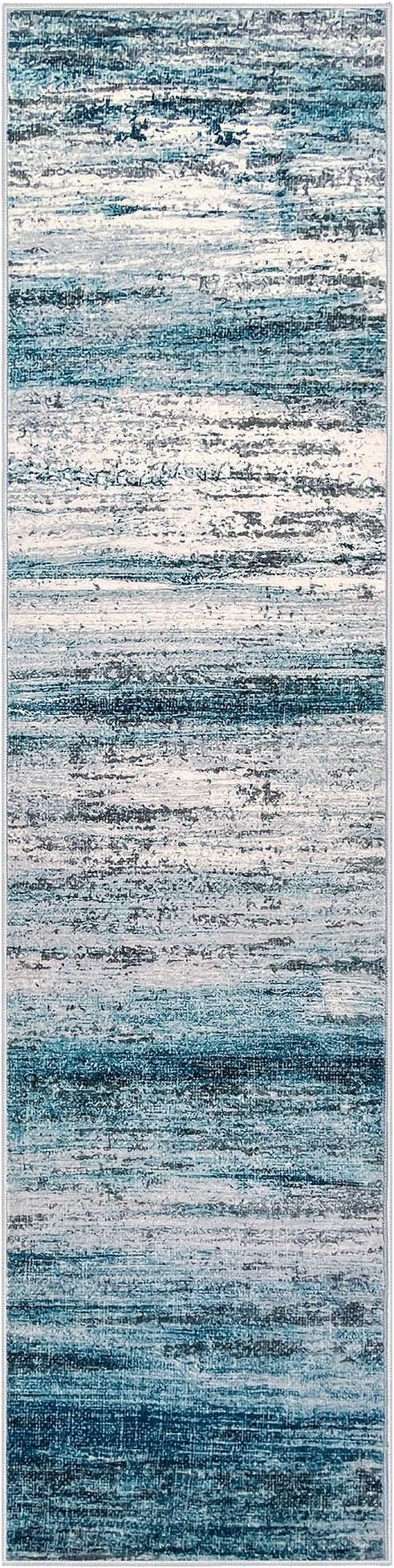 KOZYFLY Runner Rug 3x10 Modern Ombre Runners for Hallways, Washable Rugs for Bedroom Non-Slip Soft Stain Resistant Striped, Print Blue Abstract Carpet for Living/Laundry/Kid Room