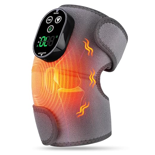Cordless Heated Knee Massager with Vibration, Heated Knee Brace Wrap Heating Shoulder Brace Support Wrap for Knee Shoulder Elbow, Heating Pad with 6 Heating Levels, 3 Massage Modes & Timer (Grey)