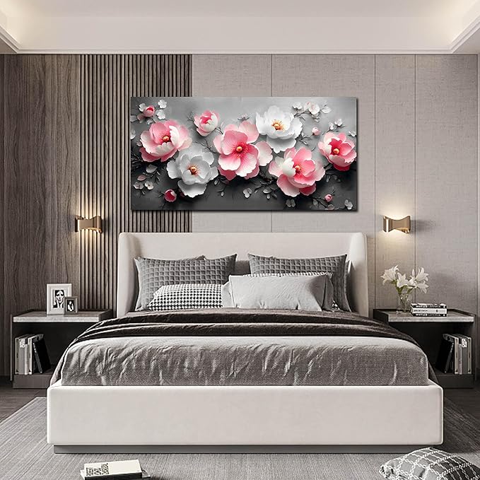 Flower Canvas Wall Art for Living Room - Pink and White Room Decor for Women - Girls Bedroom Wall Decor Size 29" x 59"
