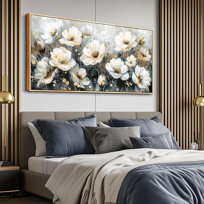 PHAOHUAXM Large Canvas Wall Decor For Living Room Wall Art For Bedroom Office Wall Decorations Print White Ink-Wash Flower-Shaped Wooden Frame Artwork Stretched and Frame Posters Home Decor 24"X48"