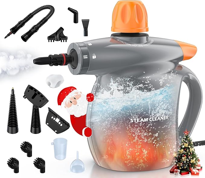 LABIGO Steam Cleaner, Pressurized Handheld 13pcs Multi-Purpose Natural Deep Cleaning Steamer, Portable Steamer for Cleaning Home, Grout, Kitchen, Car, Window, Upholstery, Bathroom and Clothes, Gray