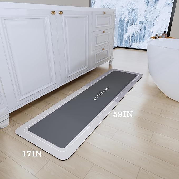 Bath Mat Rug, Rubber Non-Slip Quick Dry Bathroom Rugs, Super Absorbent Bath Mat, Thin Floor Shower Mat Fit Under Door, Bath Rug for Bathtub, Shower and Sink (17"x59", Grey)