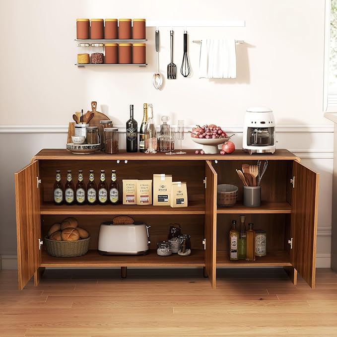 59" Sideboard Buffet Cabinet with Storage, Wood Arched TV Console Storage Cabinet with 3 Doors and Adjustable Shelf, Large Curved Accent Cabinet for Living Room Hallway Kitchen Dining Room, Walnut