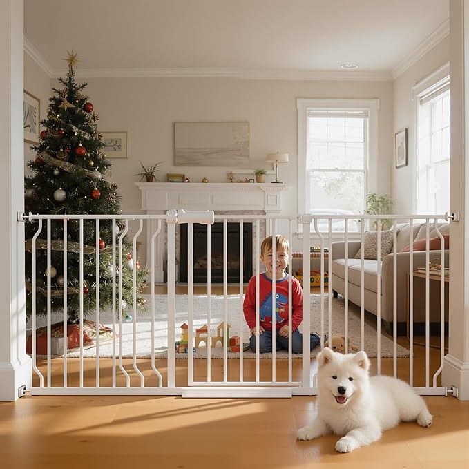 TSAYAWA Extra Wide Walk Through Baby Gate with Door,67-71.5 Inch Wide Presure Mounted No Drill Metal Auto Close Child Gate for Stair Doorway - Indoor Outdoor Safty Gate for Toddler Dog Doggie, White
