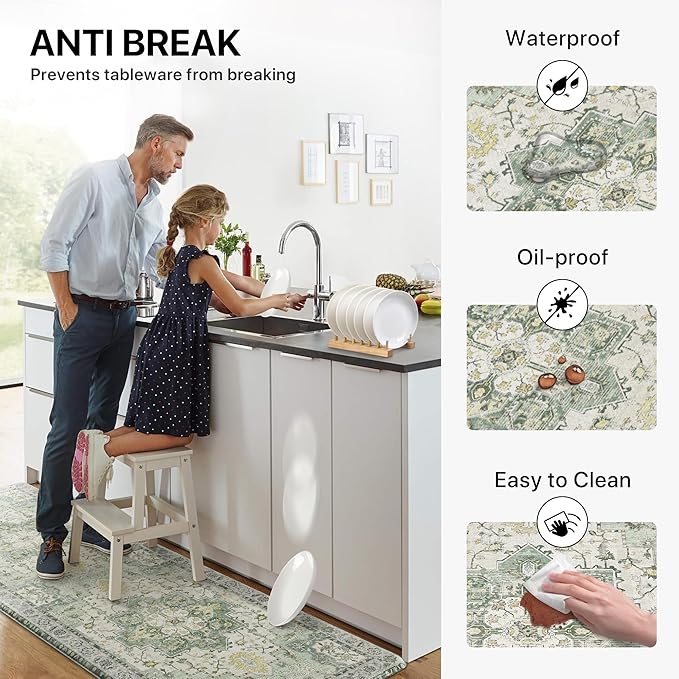 GENIMO Kitchen Mats for Floor 2PCs, Washable Anti Fatigue Mat for Cushioned, 17.3"x59"+17.3"x30", Waterproof Kitchen Rugs, Non Slip Comfort Standing Mat Rug for Home, Sink, Laundry, Light Green