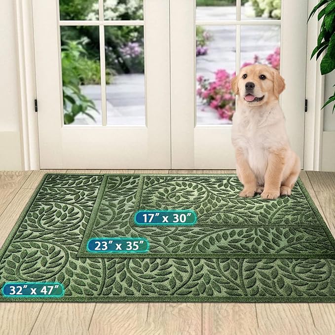 Bulijojo Front Door Mat Entrance,Durable Heavy Duty Welcome Mat,Thick Absorbent Natural Rubber Non Slip Mat,Sturdy Entryway Green 47"x32"