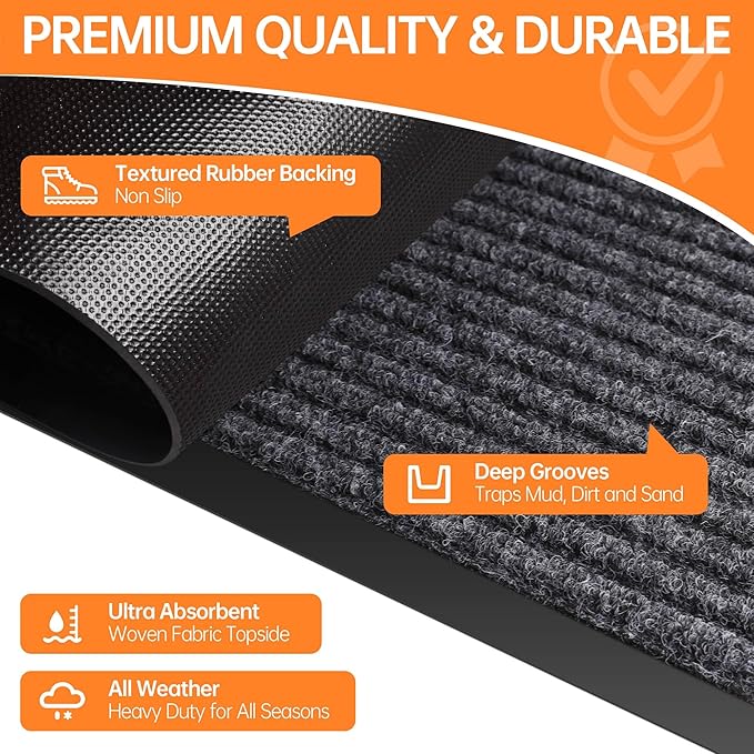 Indoor Outdoor Door Mat, 5’ x 3' Doormat for Entryway, Rubber Backing Non Slip Front Door Mat Outside Entrance, Super Absorbent Commercial Floor Mat for Home Office, Grey