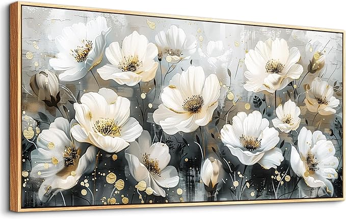 PHAOHUAXM Wall Decor For Living Room Canvas Wall Art For Bedroom Office Print Artwork White Ink-Wash Flower-Shaped Wooden Frame Murals Artwork For Modern Posters Restaurant Home Decoration 20"X40"