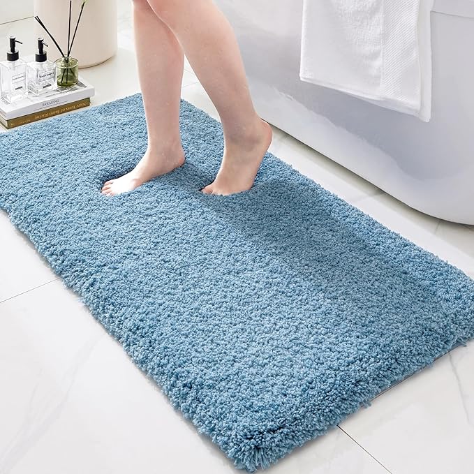 Bathroom Rugs 48x24, Ultra Thick Shaggy Soft Microfiber Absorbent Bath Rug, High Density Foam Latex Non Slip Backing, Machine Washable Bath Mats for Bathroom Floor & Sink, Blue