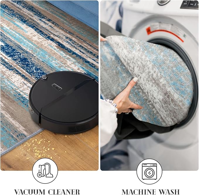 Modern Abstract Runner Rug 3x10, Blue Washable Kitchen Runner Non-Slip Soft Hallway Rug Runner Thin Print Faux Wool Carpet for Entryway Bedroom Laundry Room Indoor Home Office Decor
