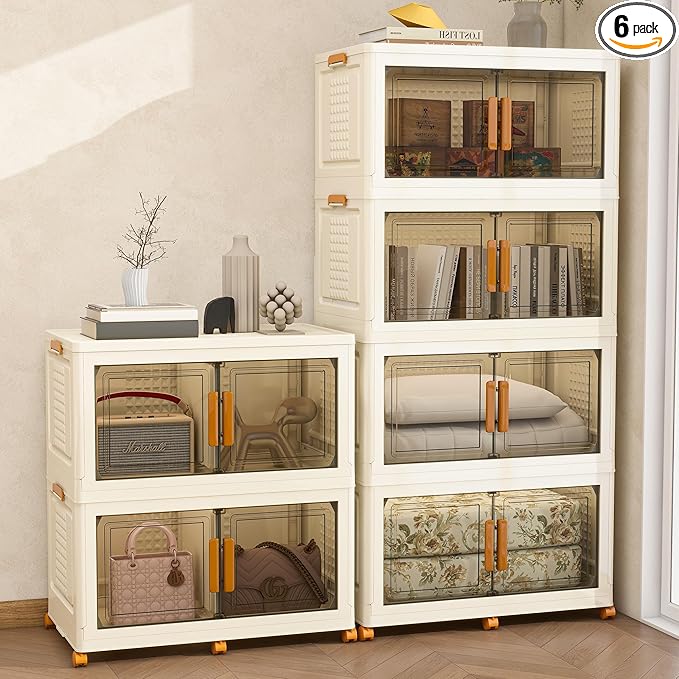 Plastic Stackable Storage Bins with 2 Lids and Wheels, 912QT-152QT*6Tier Foldable Closet Organizers and Containers, Collapsible Clear Drawer Storage Cabinet with Doors Ivory White