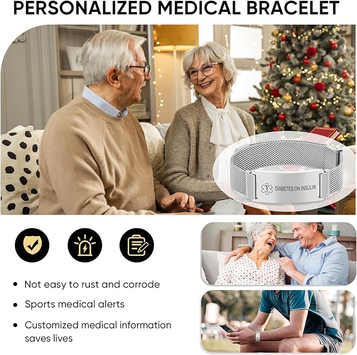 VNOX Medical Alert Id Bracelet for Men Women, Custom Engraving Adjustable Stainless Steel Customizable Mesh Emergency Survival Medic Bracelets Wristband Loop Band with Replacement Tag