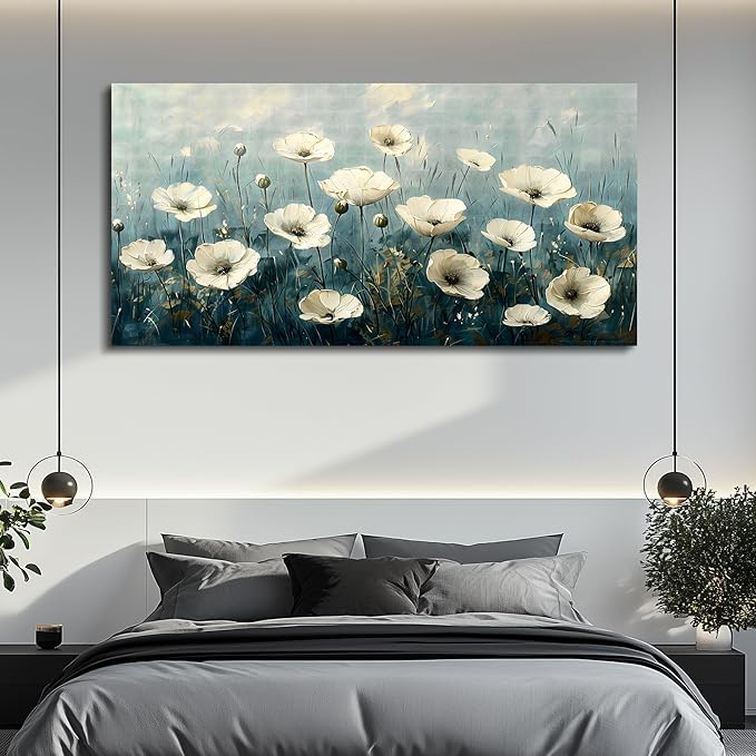 FUHAIHUA Canvas Wall Art For Living Room Large Wall Decor For Office Bedroom Decorations White Flowers Landscape Pictures Modern Wall Paintings Aesthetics Posters Home Decor Ready To Hang 30x60 In