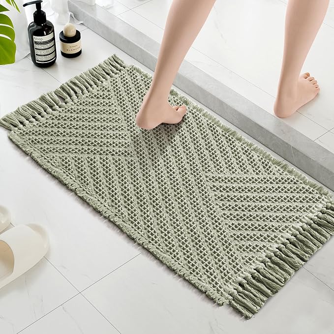 H.VERSAILTEX Waffle Bath Mat Super Absorbent Boho Bath Mat Non Slip Bath Rugs for Bathroom Floor Machine Washable Dry Fast Bathroom Rugs with Handmade Tassels, 17" x 24", Sage