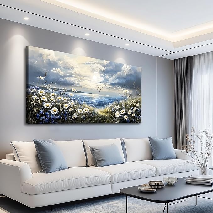 KELIYUAN Large Canvas Wall Art For Living Room Bedroom Wall Decor Home Office Blue Mediterranean Garden Landscape Painting Room Bathroom Dining Room Prints Artwork Picture Wall Decoration 20x40 In