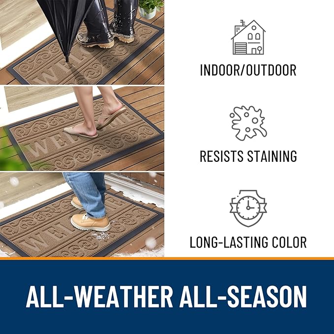 OLANLY Welcome Door Mat Indoor Outdoor Entrance, Heavy Duty Sturdy Front Door Mat, Waterproof All-Weather Doormat, Stain Resistant, Low Profile, Easy Clean Patio Entryway Mat, 36 x 24, Light Brown