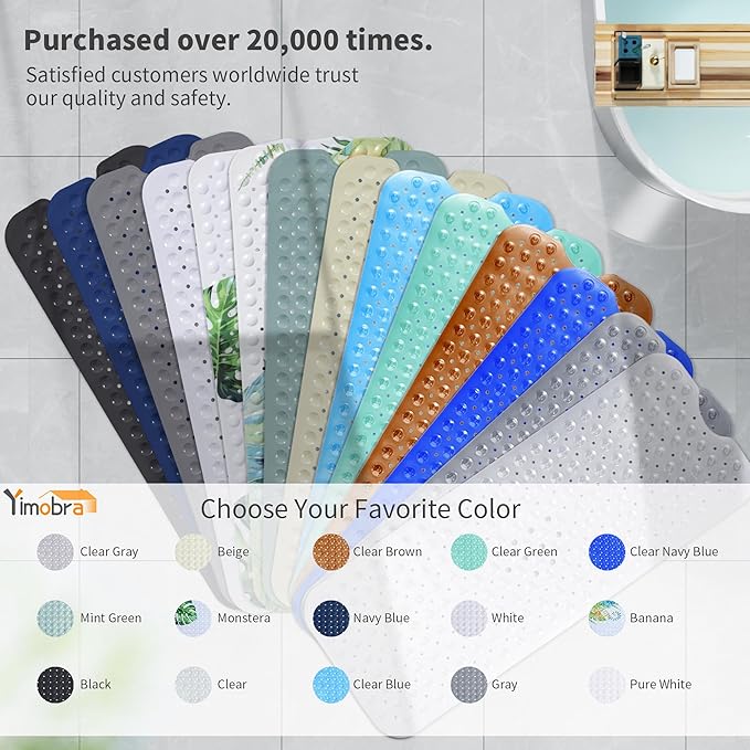 Yimobra Non Slip Bathtub Mat 40 x 16 Inch, Extra Long Shower Mat with Drain Holes, Machine Washable Baby Bath Mats, Strong Suction Cups for Bathroom Floor, Navy Blue